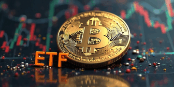 Moneda de bitcoin y las letras ETF.