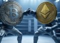 Dos monedas de bitcoin y Ethereum en un ring.