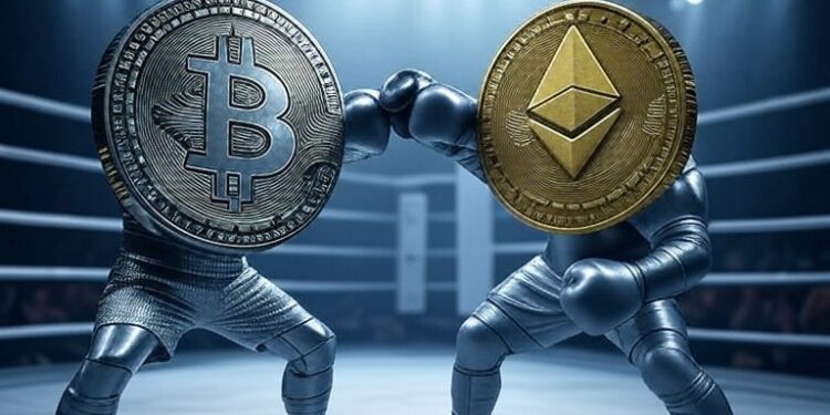Dos monedas de bitcoin y Ethereum en un ring.