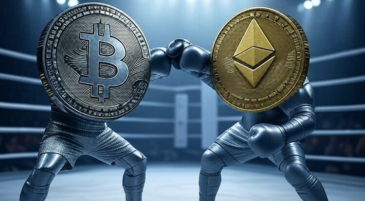 Dos monedas de bitcoin y Ethereum en un ring.