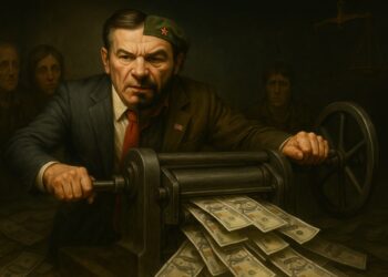 Político con doble rostro imprimiento billetes mientras pobres lo ven por detrás.
