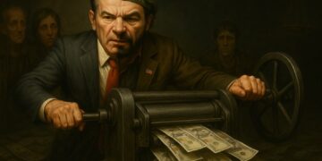 Político con doble rostro imprimiento billetes mientras pobres lo ven por detrás.