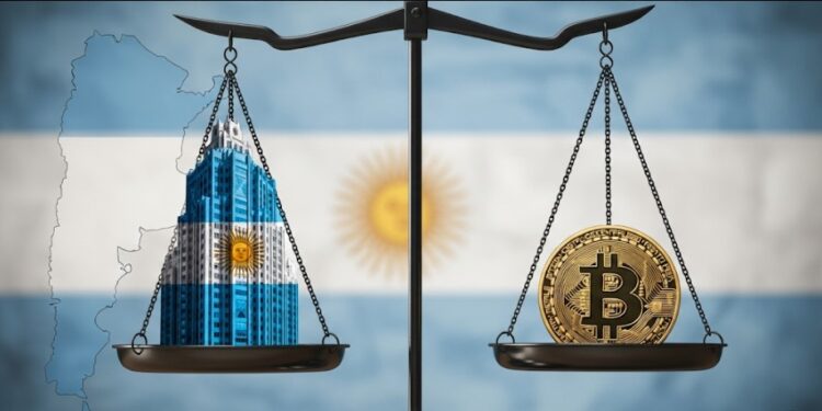 Una balanza con un edificio con la bandera de argentina de un lado y una moneda bitcoin del otro