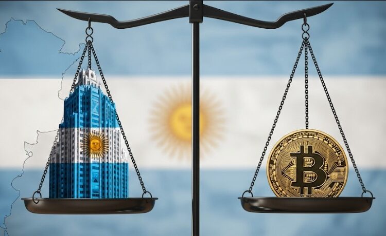 Una balanza con un edificio con la bandera de argentina de un lado y una moneda bitcoin del otro