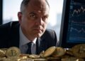 Un trader rodeado de BTC viendo gráficas de precios.