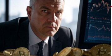 Un trader rodeado de BTC viendo gráficas de precios.