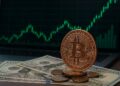 Bitcoin con gráficas verdes y dinero fíat.