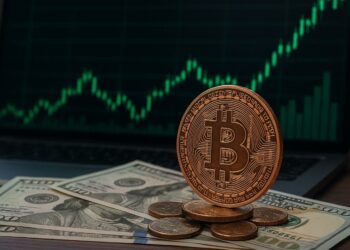 Bitcoin con gráficas verdes y dinero fíat.