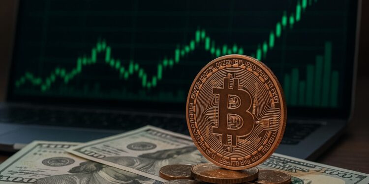 Bitcoin con gráficas verdes y dinero fíat.