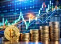monedas físicas de bitcoin delante de un gráfico de precio.