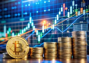 monedas físicas de bitcoin delante de un gráfico de precio.