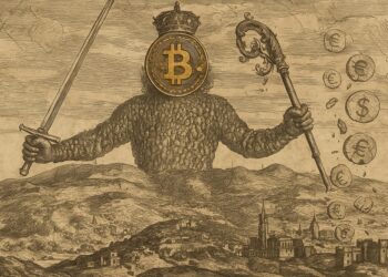 Leviatán de Thomas Hobbes con rostro de Bitcoin.