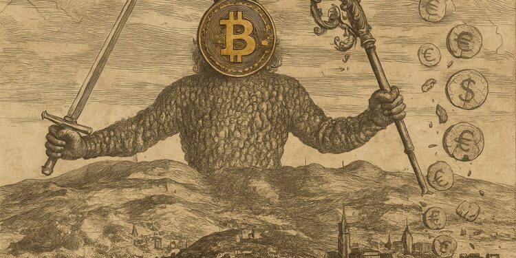 Leviatán de Thomas Hobbes con rostro de Bitcoin.