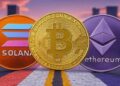Monedas de bitcoin, solana y ether.