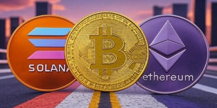 Monedas de bitcoin, solana y ether.