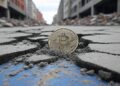 Una moneda de bitcoin rodeada por escombros.