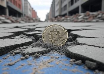 Una moneda de bitcoin rodeada por escombros.