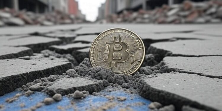 Una moneda de bitcoin rodeada por escombros.