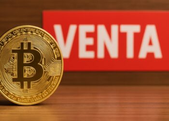 Bitcoin con un letrero de venta en el fondo.