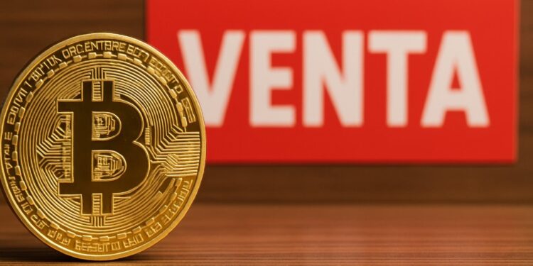 Bitcoin con un letrero de venta en el fondo.