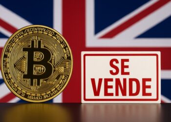 Bitcoin al lado de un letrero de venta y la bandera de Reino Unido de fondo.