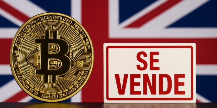 Bitcoin al lado de un letrero de venta y la bandera de Reino Unido de fondo.