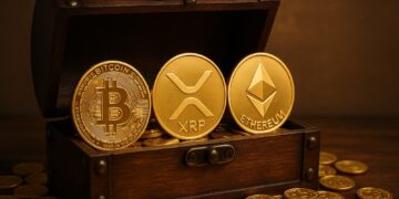 BTC, ETH y XRP en un cofre del tesoro.