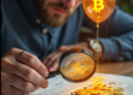 Una imagen generada con IA de un hombre que observa con lupa un documento sobre el que están varias monedas de bitcoin.