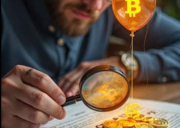 Una imagen generada con IA de un hombre que observa con lupa un documento sobre el que están varias monedas de bitcoin.