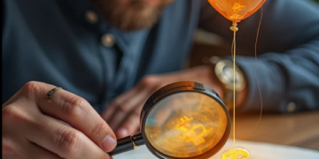 Una imagen generada con IA de un hombre que observa con lupa un documento sobre el que están varias monedas de bitcoin.