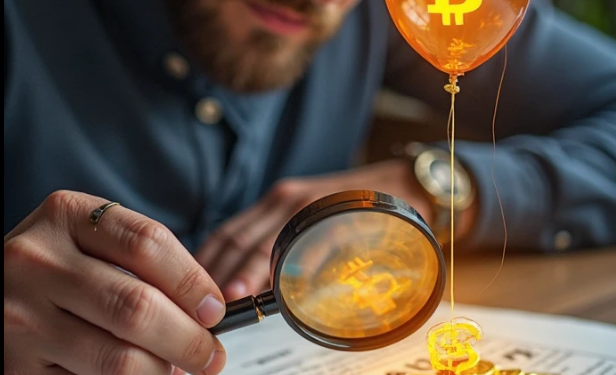 Una imagen generada con IA de un hombre que observa con lupa un documento sobre el que están varias monedas de bitcoin.