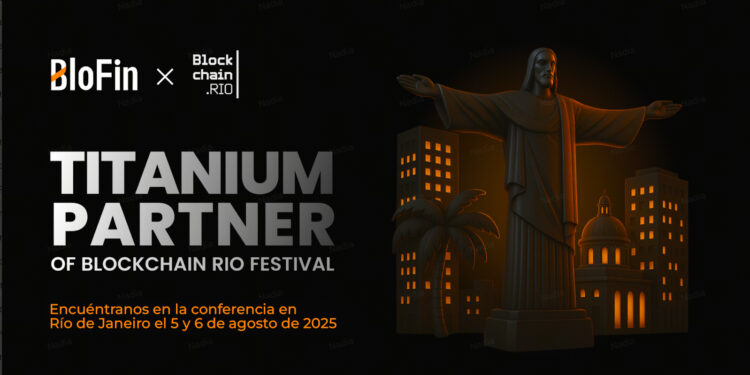 Cristo Redentor dorado con una palmera y edificios de fondo y logo de BloFin