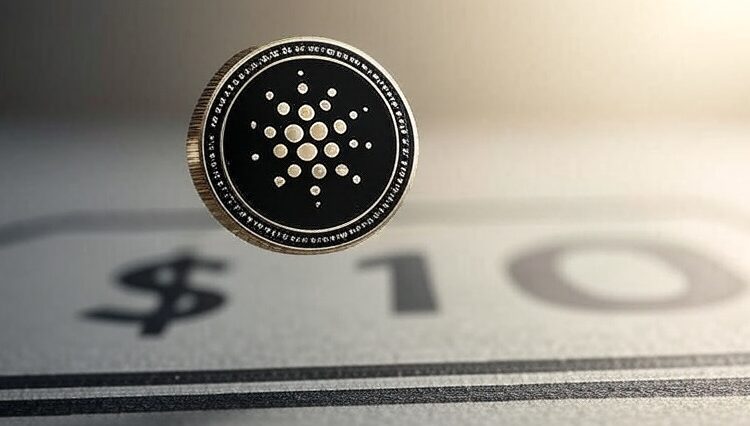 Una moneda de cardano sobre un dibujo de 10 dólares.