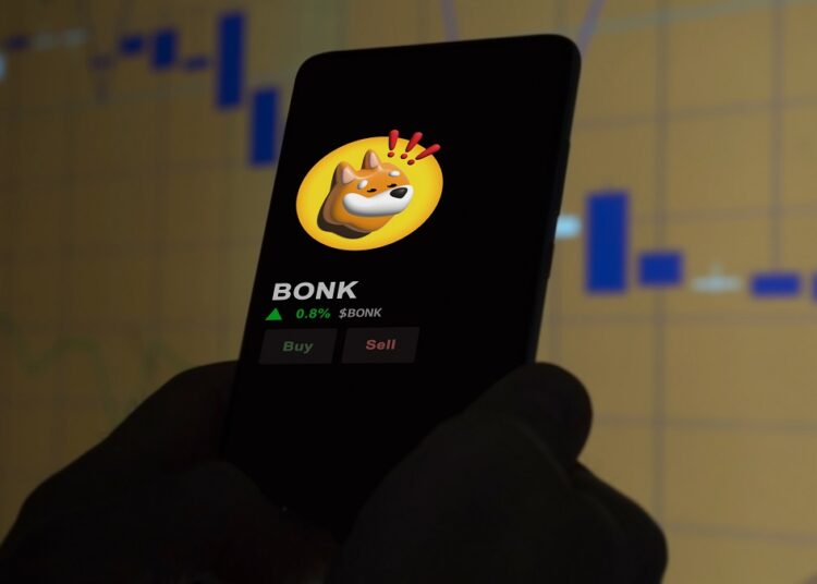 Un teléfono en el que se ve el logo de la criptomoneda BONK.