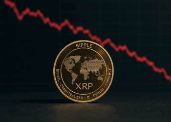 Moneda dorada de XRP con un gráfico de precios en rojo.