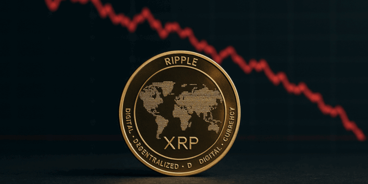 Moneda dorada de XRP con un gráfico de precios en rojo.