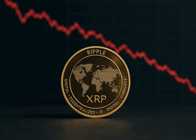 Moneda dorada de XRP con un gráfico de precios en rojo.