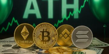 Distintas criptomonedas sobre dólares en efectivo, en el fondo la palabra ATH difuminada, gráficas en verde y globos de fiesta alrededor.