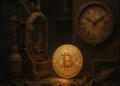 Un reloj y una maquina del tiempo junto a una moneda de BTC.