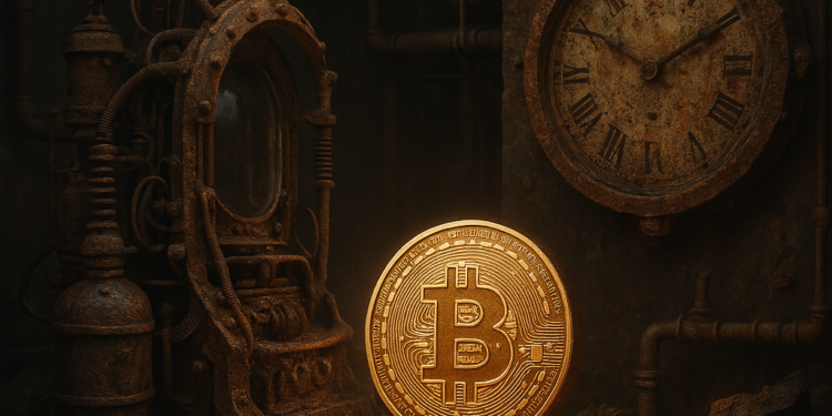 Un reloj y una maquina del tiempo junto a una moneda de BTC.