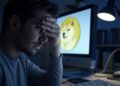 Una persona se toma la cabeza y detrás de él se ve una pantalla con el logo de dogecoin.