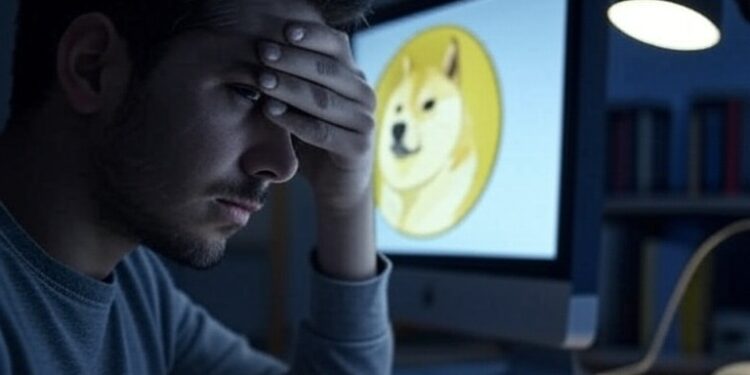 Una persona se toma la cabeza y detrás de él se ve una pantalla con el logo de dogecoin.
