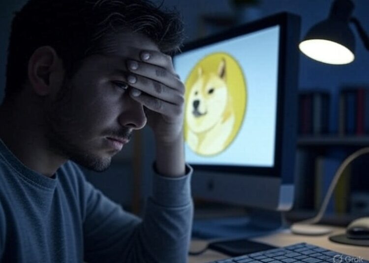 Una persona se toma la cabeza y detrás de él se ve una pantalla con el logo de dogecoin.