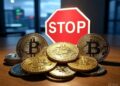 monedas de bitcoin y una señal de stop.