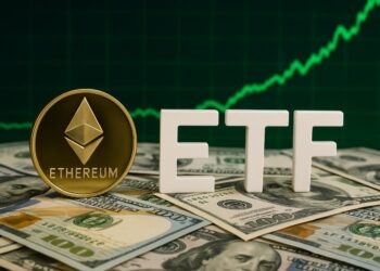 ETH al lado de la palabra ETF, con dólares en el piso y gráficas verdes.