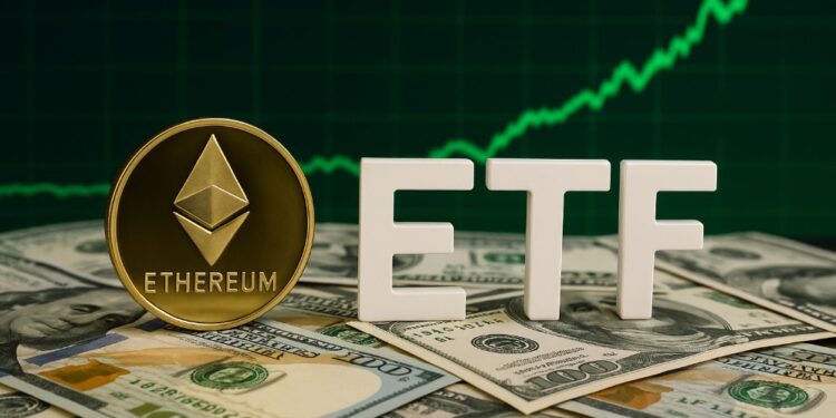 ETH al lado de la palabra ETF, con dólares en el piso y gráficas verdes.