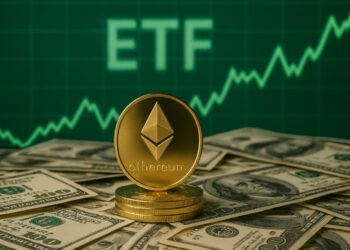 ETH sobre billetes, gráfica verde de fondo y la palabra ETF.
