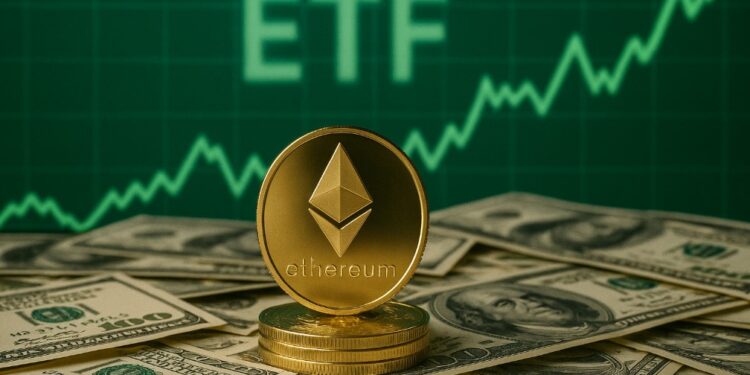 ETH sobre billetes, gráfica verde de fondo y la palabra ETF.