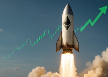 Un cohete con ETH grabado y gráficas verdes en el fondo.