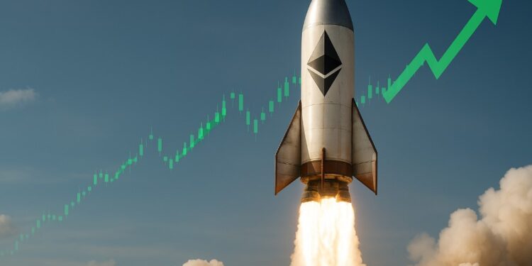 Un cohete con ETH grabado y gráficas verdes en el fondo.